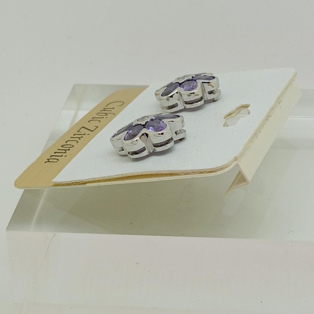 Vintage 1990s Purple Flower Stud Earrings Cubic Zirconia Silver Tone Sim Diamond - Picture 10 of 17